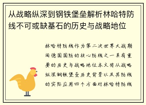 从战略纵深到钢铁堡垒解析林哈特防线不可或缺基石的历史与战略地位 从战略纵深到钢铁堡垒解析林哈特防线不可或缺基石的历史与战略地位